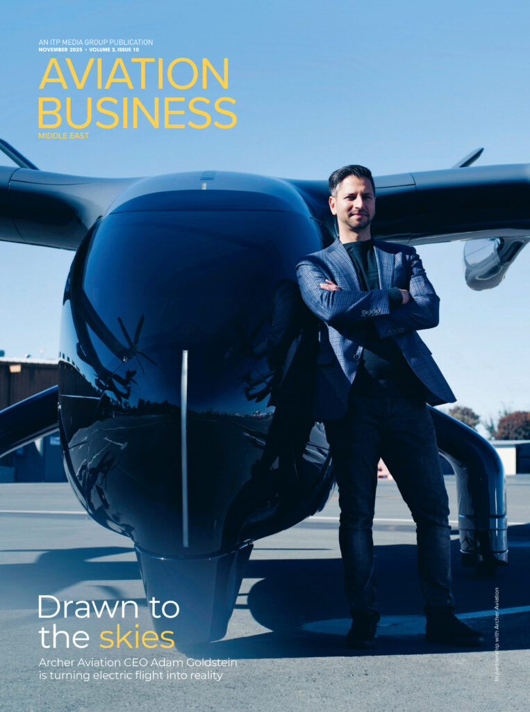 Aviation Business Middle East magazine cover featuring aircraft and aviation leadership feature.
