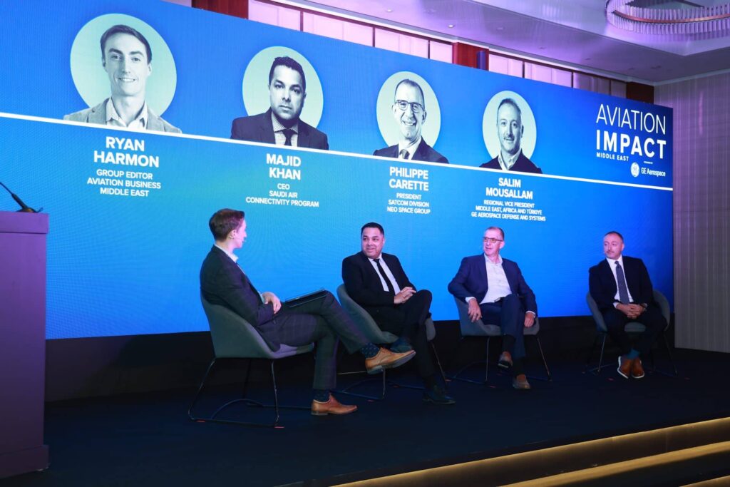 Aviation industry executives speaking at Aviation Business Middle East leadership panel event.