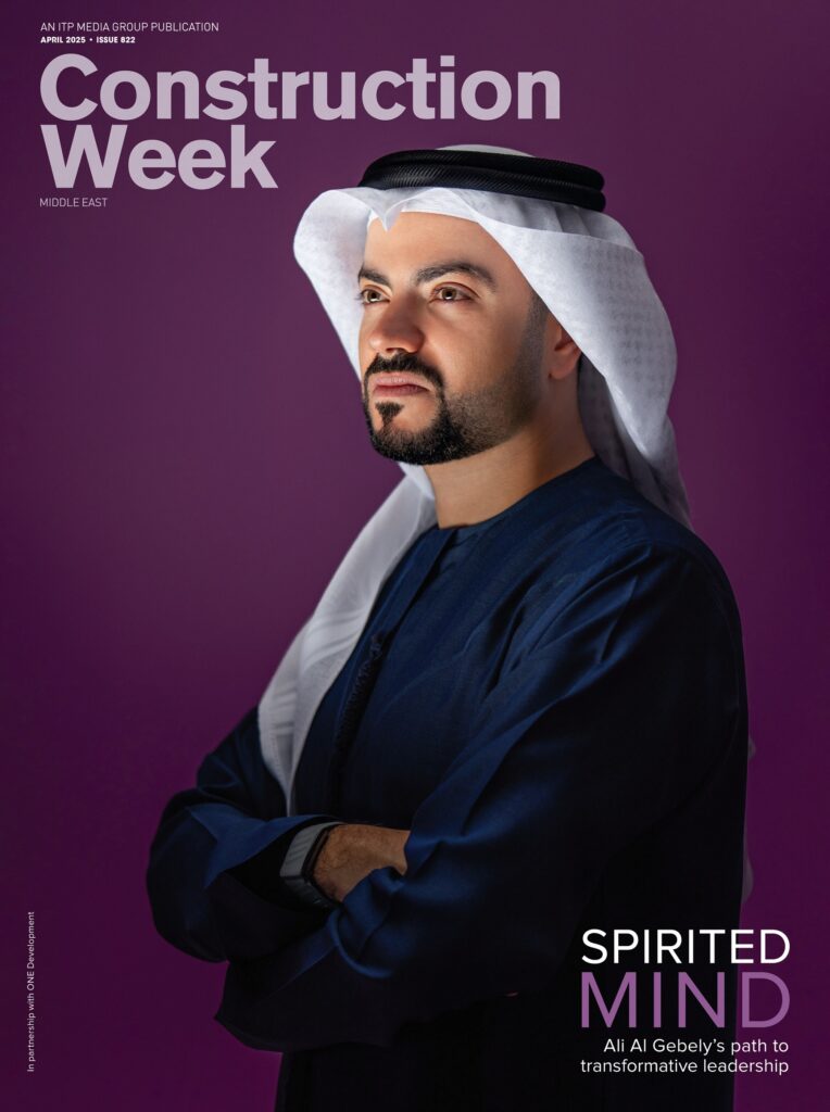 Construction Week cover featuring a regional construction leader against a purple studio background