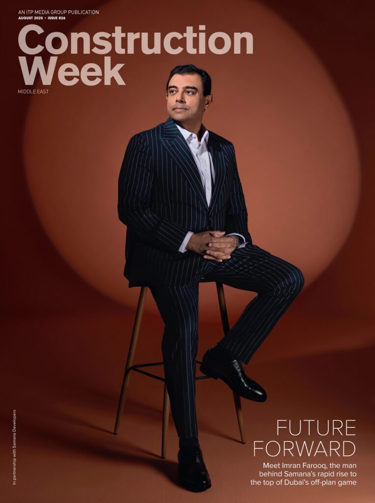 Construction Week cover showing a construction industry leader seated against a brown studio backdrop.