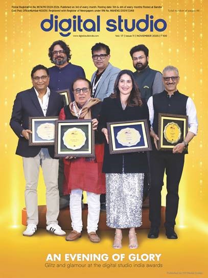 Digital Studio India magazine cover featuring media professionals holding awards representing broadcast and production industry achievements.