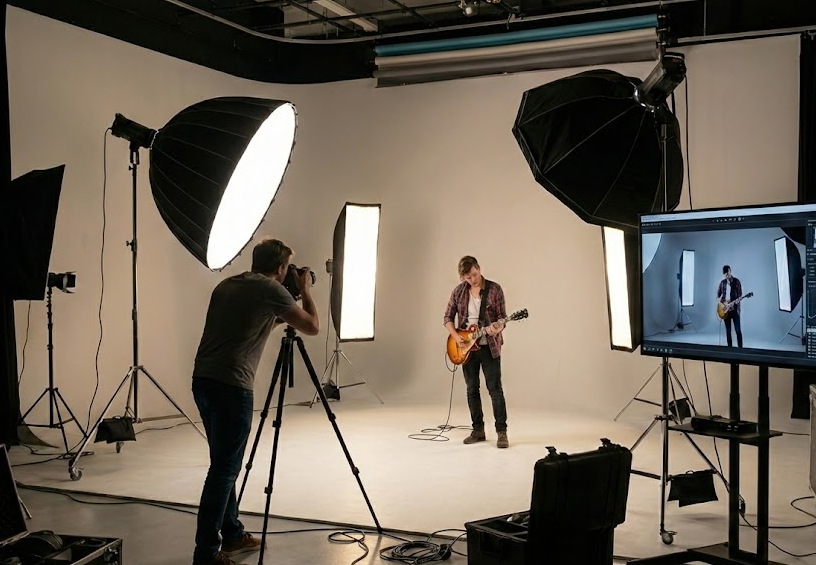 Photography studio setup with lighting equipment and camera capturing a subject representing Digital Studio India print and production workflows.