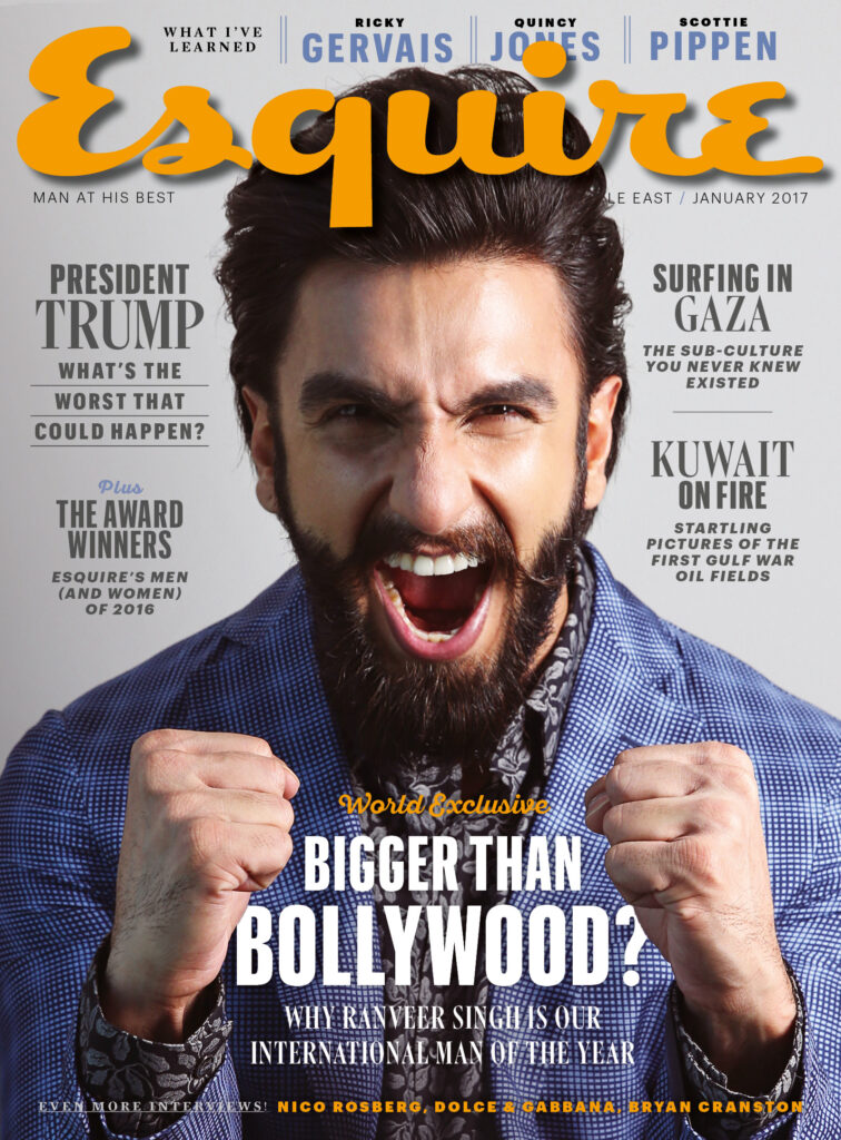 Esquire Middle East magazine cover featuring Ranveer Singh in an expressive portrait highlighting celebrity culture and fashion.