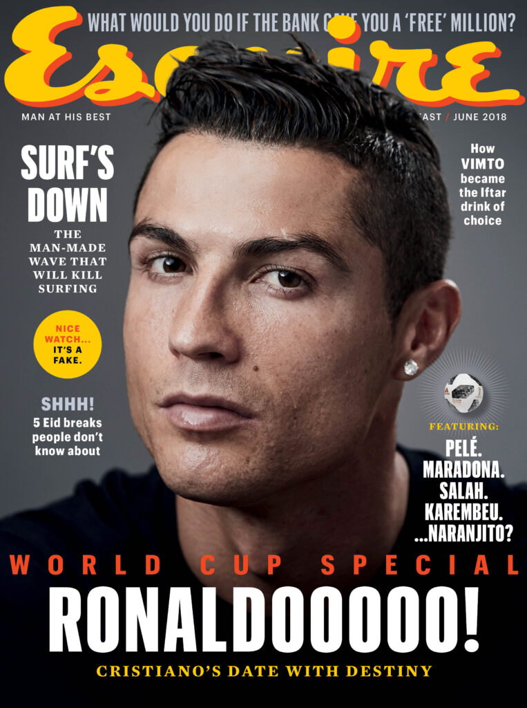 Esquire Middle East magazine cover featuring Cristiano Ronaldo in a studio portrait for a World Cup special edition.