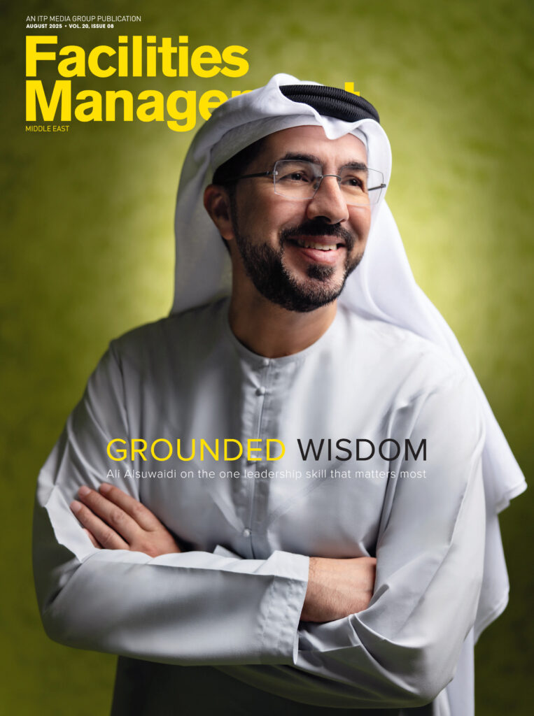 Facilities Management Middle East magazine cover featuring an industry leader in traditional attire representing regional facilities leadership.