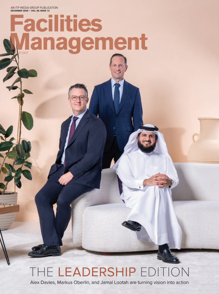Facilities Management Middle East magazine cover featuring senior executives highlighting leadership in the facilities management sector.