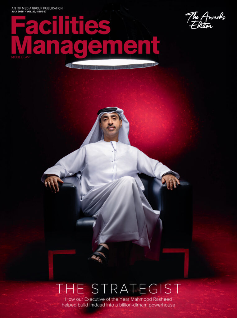 Facilities Management Middle East magazine cover featuring a business leader spotlighting strategy and innovation in facilities management.