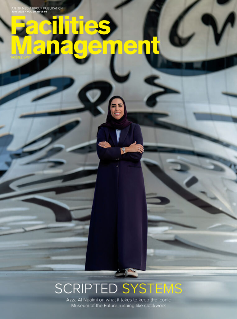 Facilities Management Middle East magazine cover featuring a professional highlighting operational excellence and building systems management.