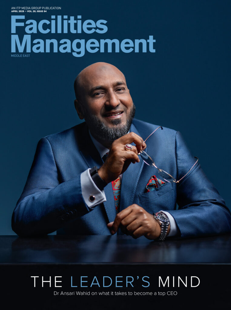 Facilities Management Middle East magazine cover featuring a senior executive representing leadership in the built environment sector.